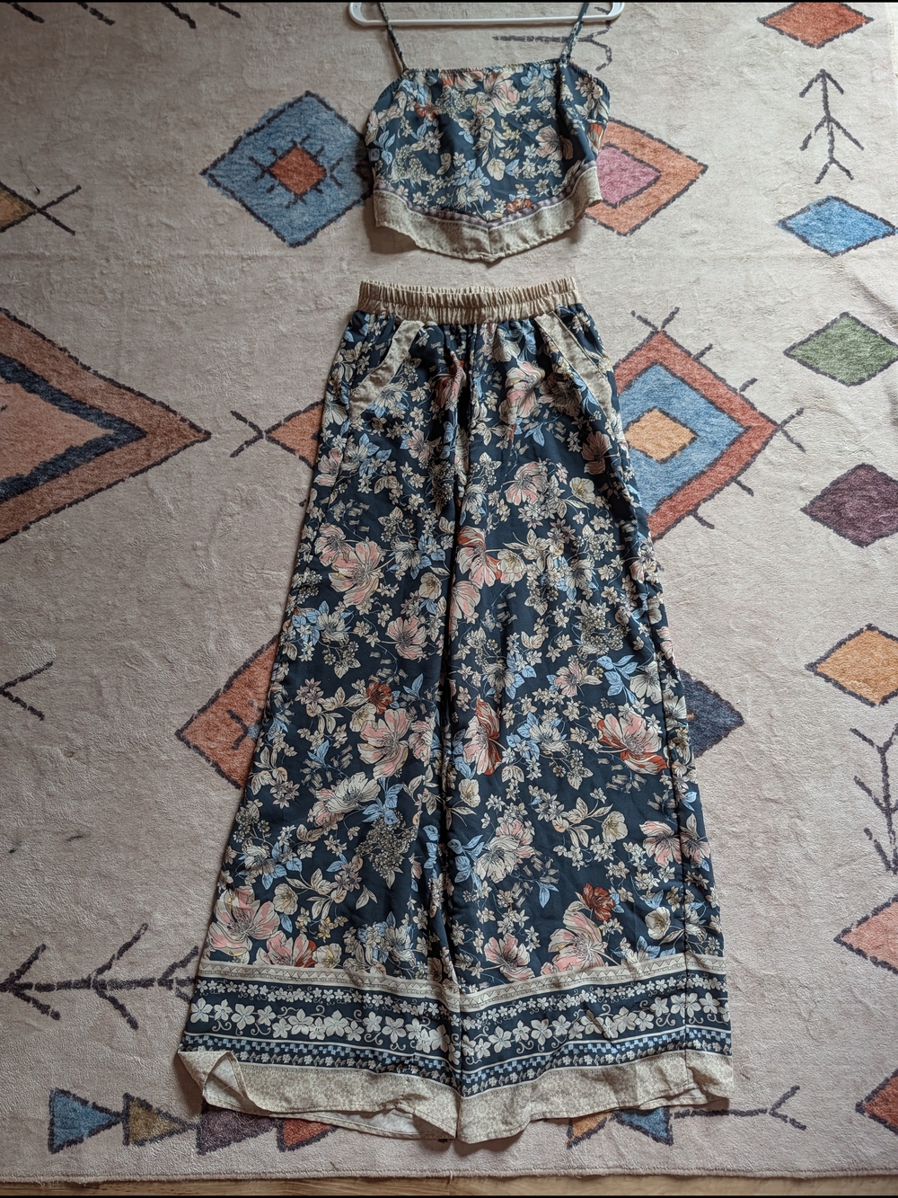 Sienna Sky Floral Wide Leg Pants Set in Navy with Beige & Coral Accents